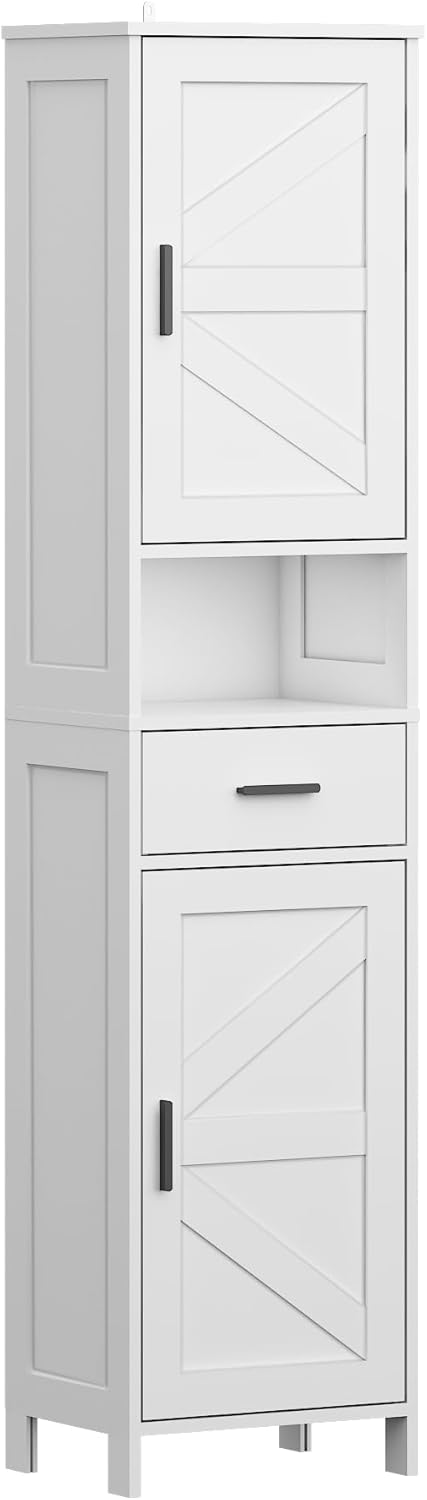 2 Door 1 Drawer Tall Storage Cabinet, Modern Farmhouse Bathroom Storage Cabinet with Adjustable Shelves, Kitchen Pantry Storage for Living Room, Kitchen and Hallway (White)