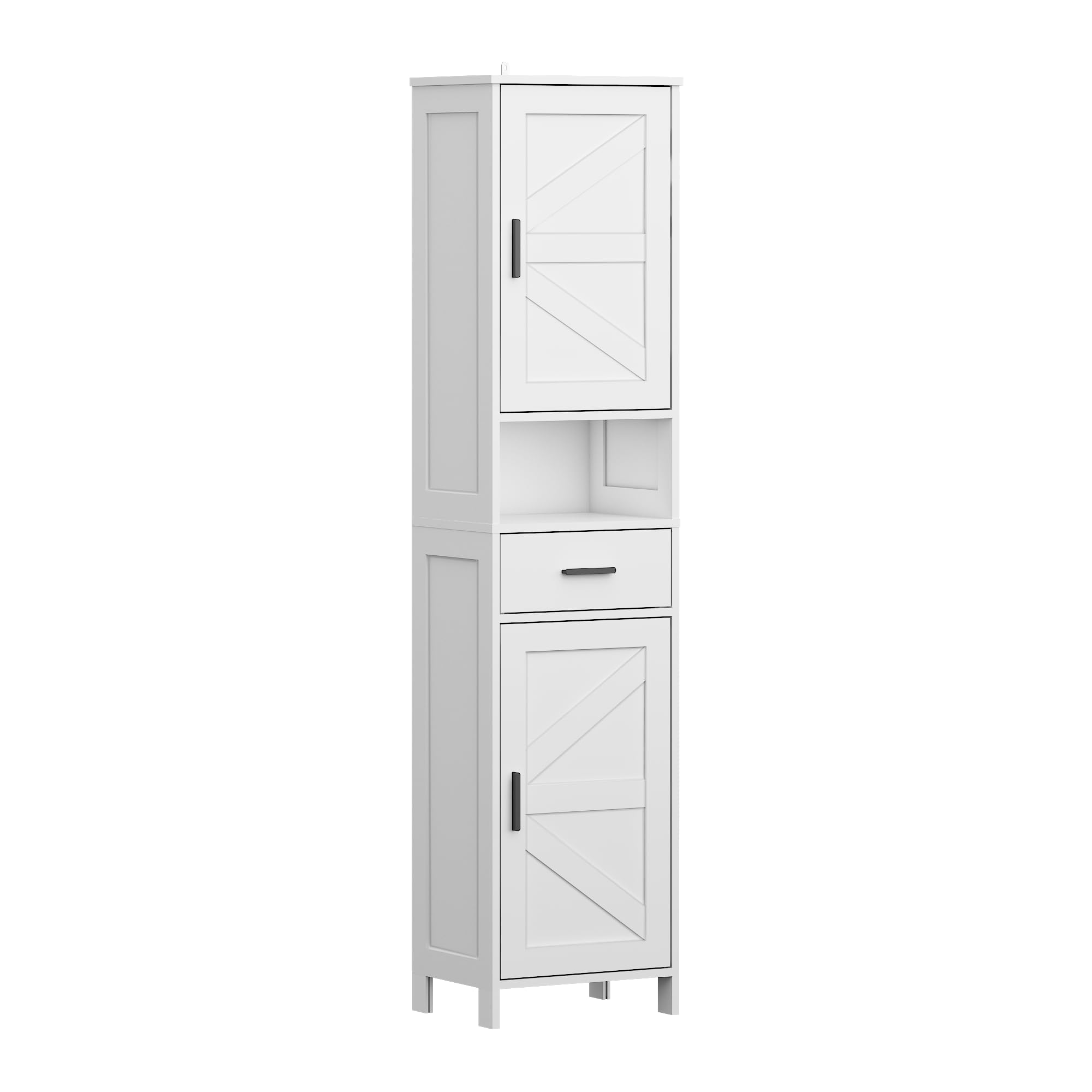 Modern Farmhouse Tall Storage Cabinet with 2 Doors & 1 Drawer | Adjustable Shelves | Freestanding Pantry & Organizer for Bathroom, Kitchen, Living Room (White)