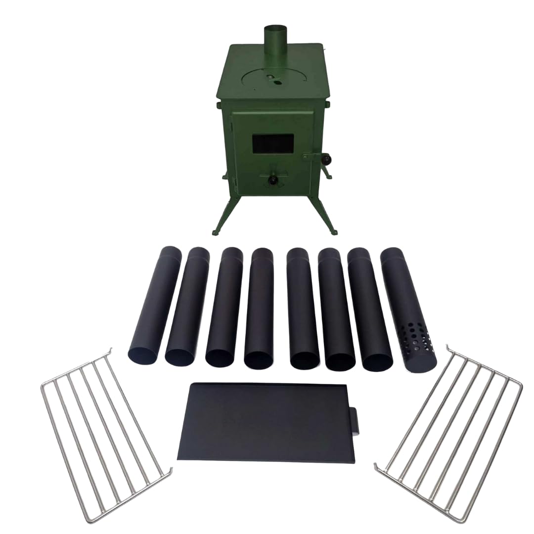 Outbacker Firebox Portable Wood Stove & Complete 2.68m Flue Kit – 12kg Lightweight 3.5kW Heat Output Compact Camping Stove for Tipis, Yurts, Bell Tents & Glamping. (Green, Stove Kit Only)