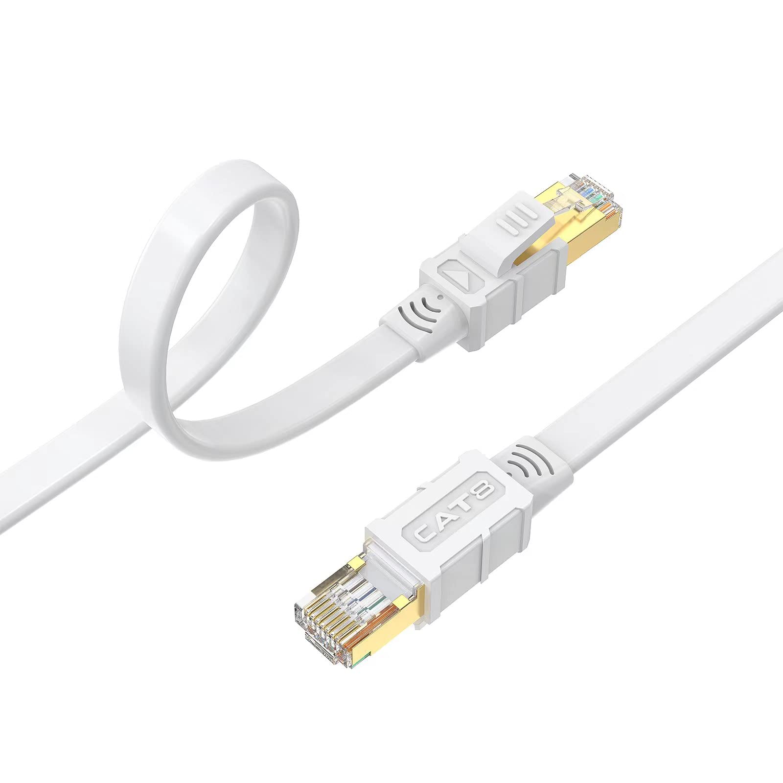 Mukko Lanケーブル 1m Cat8 フラット カテゴリー8 イーサネットケーブル RJ45 インターネットケーブル ネットワーク 有線ランケーブル wi-fiケーブル 40Gbps 2000MHz PC プリンター モデム ルーター PS5 Xbox PoE等に対応 (1m, ホワイト)