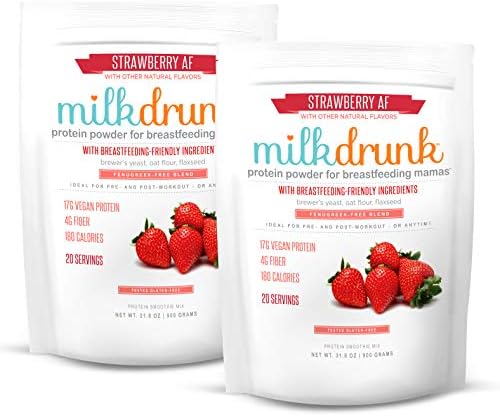 2 Bags Milk Drunk Fenugreek-Free - Strawberry Dairy Free Protein Powder for Breastfeeding - 40 Servings Vegan Protein & Lactation-Friendly Nutrition - Oats, Flax, Brewer's Yeast - Tested Gluten Free