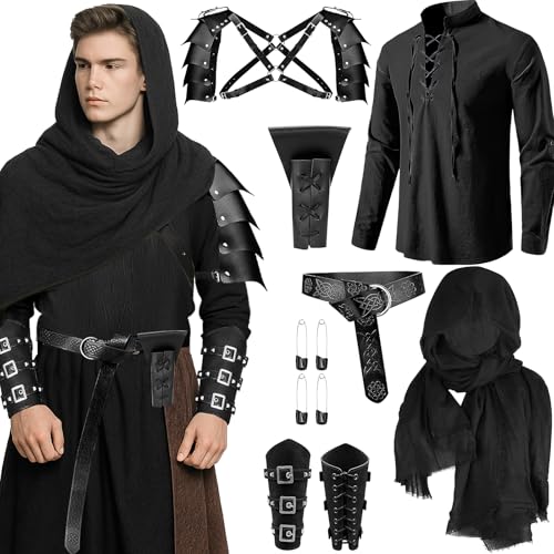 HFZCV 7 Pcs Mens Renaissance Costume Set Viking Shawl Medieval Pirate Shirt Belt Sword Bag Armor Shoulder for Cosplay (L)