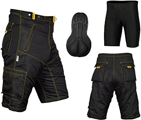MTB Cycling Shorts,Cycle,Mountain Bike,Off Road,CoolMax Padded Inner Lycra Liner (Black/Yellow Stitching)