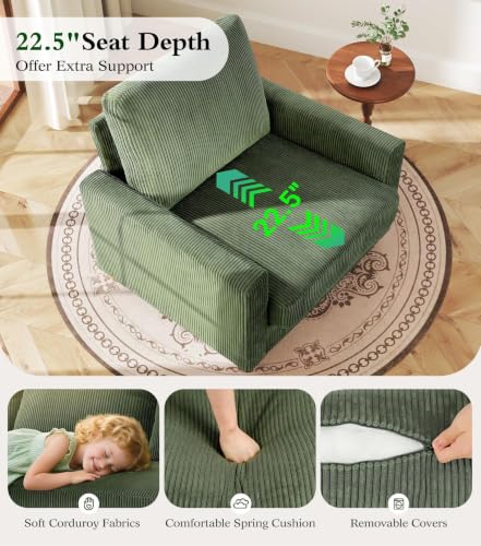 Image of Kidirect 35.5in Oversized Accent Chair, Green Corduroy Reading Chair