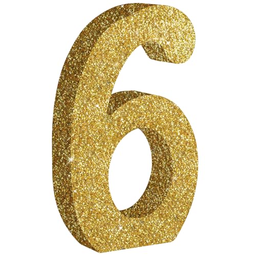 Image of TONIFUL 7.8 Inch Gold Glitter Number 6 Wooden Table Centerpieces Birthday Party Decorations,Shining Golden Digit 6 for Birthday Decorations,New Year,Graduation Decoration,Anniversary,Prop (1 Pack)