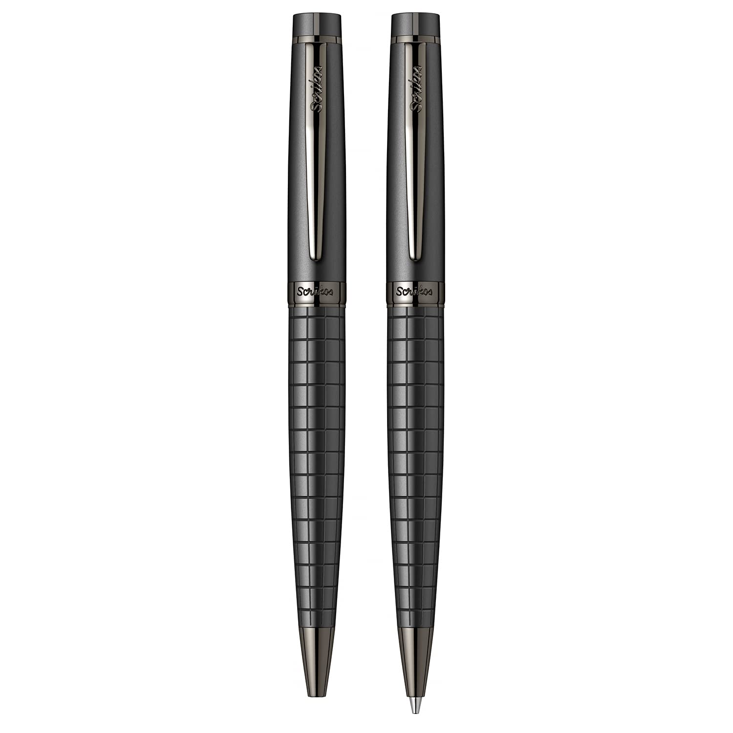 Scrikss Honor długopis kulkowy i ołówek mechaniczny 0,7 mm, wzór w kratkę, czarny mosiężny korpus, klips ze stali nierdzewnej, stop metalu
