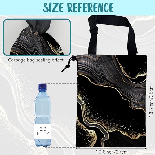 Image of Car Garbage Bag Abstract Marble Golden Veins Drawstring Car Trash Bag Hanging for Back Seat with Adjustable Buckle Canvas Vehicle Trash Can Easy-to-Install
