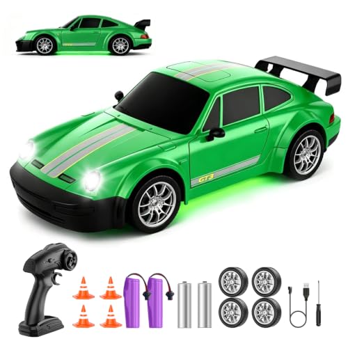 Image of RC Drift Car 1:24 Scale, 4WD Remote Control Car with LED Lights 20KM /H High Speed, Dual-Mode Racing & Drifting Toy Car with 2 Batteries, Gift for Kids & Adults, Green