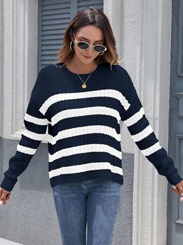 Image of ZAFUL Women's Striped Sweaters Casual Crew Neck Long Sleeve Pullover Oversized Cable Knit Loose Jumper Tops
