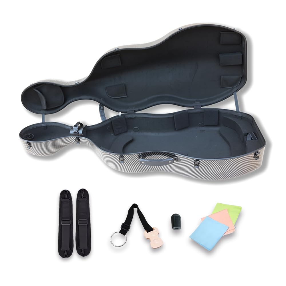 YoungMonic Carbon Fiber Cello Case 4/4 Full Size with Wheels & Embedded Handle Hard Shell Cello Box Lightweight Backstrap Portable Cello Accessories ca. 4.0 kg