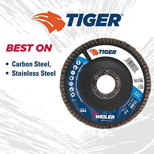 Image of Weiler 50706 4-1 /2 inch Tiger Disc Abrasive Flap Disc, Flat (TY27), Phenolic Backing, 120Z, 7 /8 inch Arbor Hole (Pack of 10)