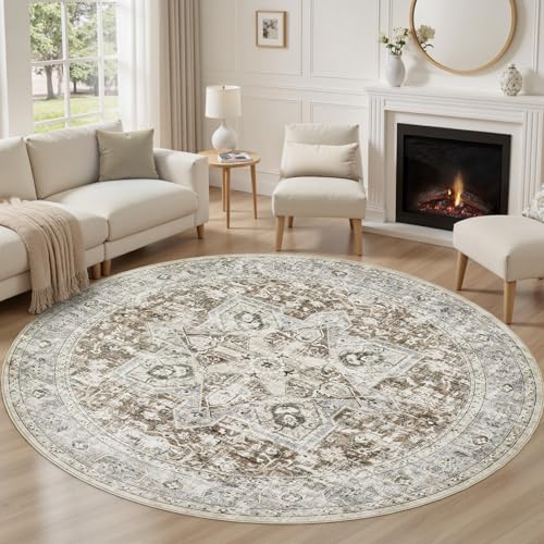 Tortania 4' Round Area Rug Living Room Rugs - Washable Boho Rug Vintage Oriental Distressed Farmhouse Large Thin Indoor Carpet for Bedroom Under Dining Table Home Office - Brown Blue
