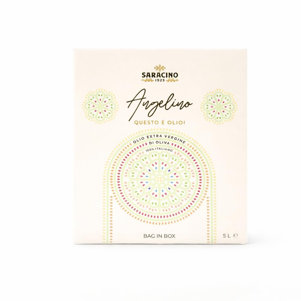 SARACINO 1925-Olio Extravergine di Oliva Italiano 100% – <25°C – Blend Leccino, Cellina di Nardò e Ogliarola Salentina – Bassa Acidità <0,4% – Bag in Box 5 Litri con Rubinetto
