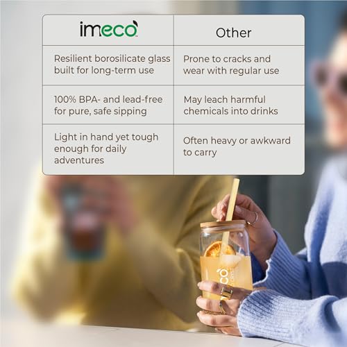 Image of IMECO ECO JAR Borosilicate Glass Sipper with Bamboo Lid & Straw, 500ml | Leak-Proof, BPA-Free & Eco-Friendly | Travel-Ready Bottle for Milk, Coffee, Green Tea & Water