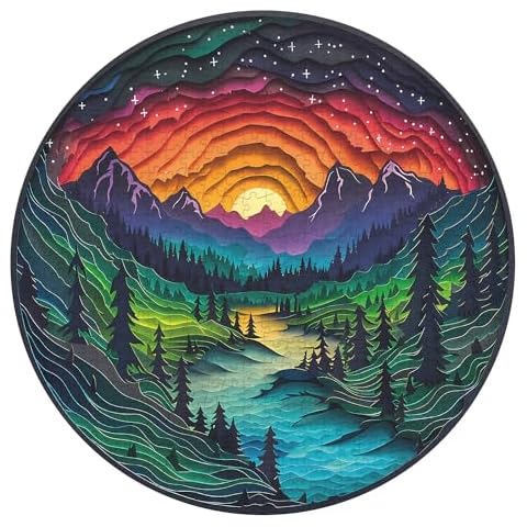 Magic Forest Puzzles for Adults 1000 Pieces, Nature Round Tree Mountain River Sunset Landscape Puzzle, Colorful Paper Cut Art Puzzle, Difficult Hard Challenge Jigsaw Puzzle Cover