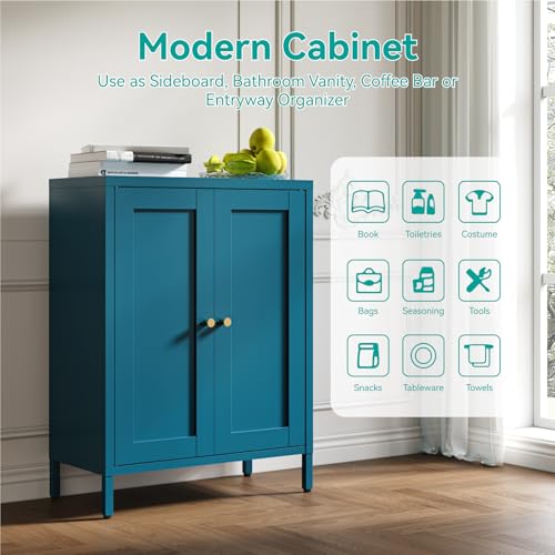 Image of Metal Floor Storage Cabinet, Small Freestanding Sideboard Storage with 2 Adjustable Shelves for Bathroom Entryway Living Room Dining Room Coffee bar Kitchen,11.8 inchD x 23.6 inchW x 31.5 inchH,3-Tier,Teal Blue