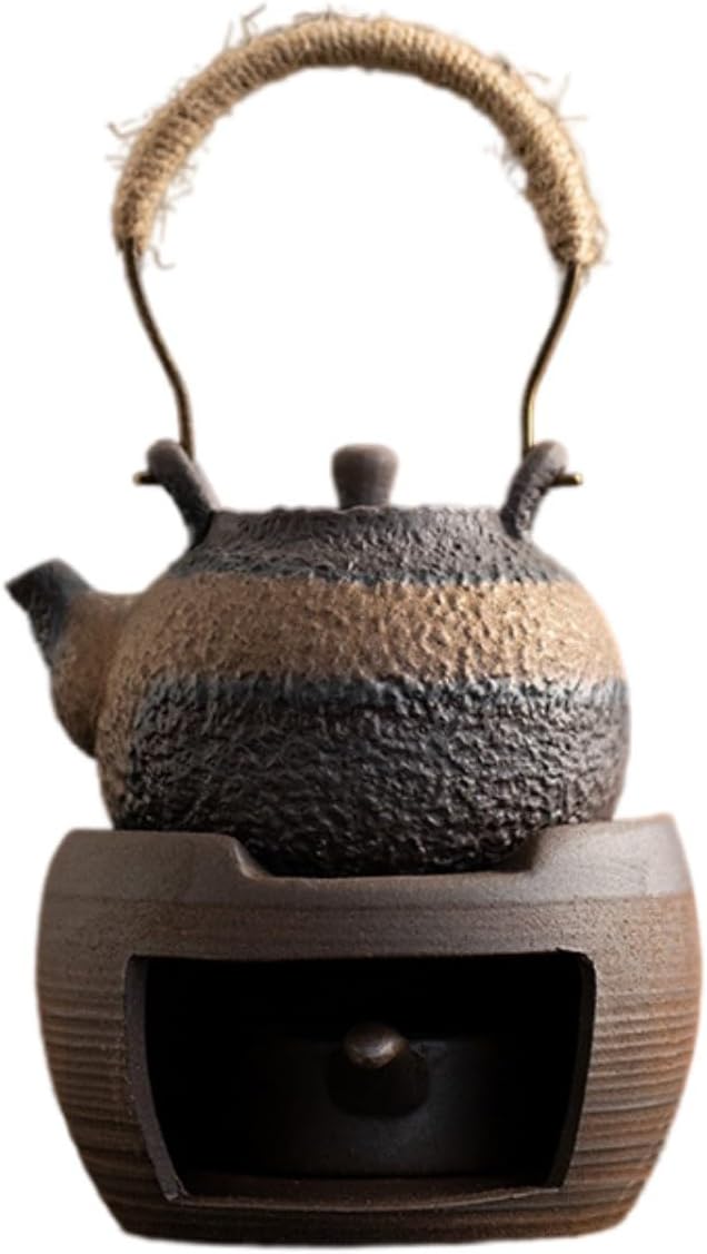 粗陶暖茶炉 日式手工复古温茶器煮茶壶陶 Ceramic Kung Fu Tea Set,teapot,Teacups,warming Wedding Birthday Gift,Tea Tray Chinese,Dishwasher Safe 石纹提梁壶+横纹温茶炉