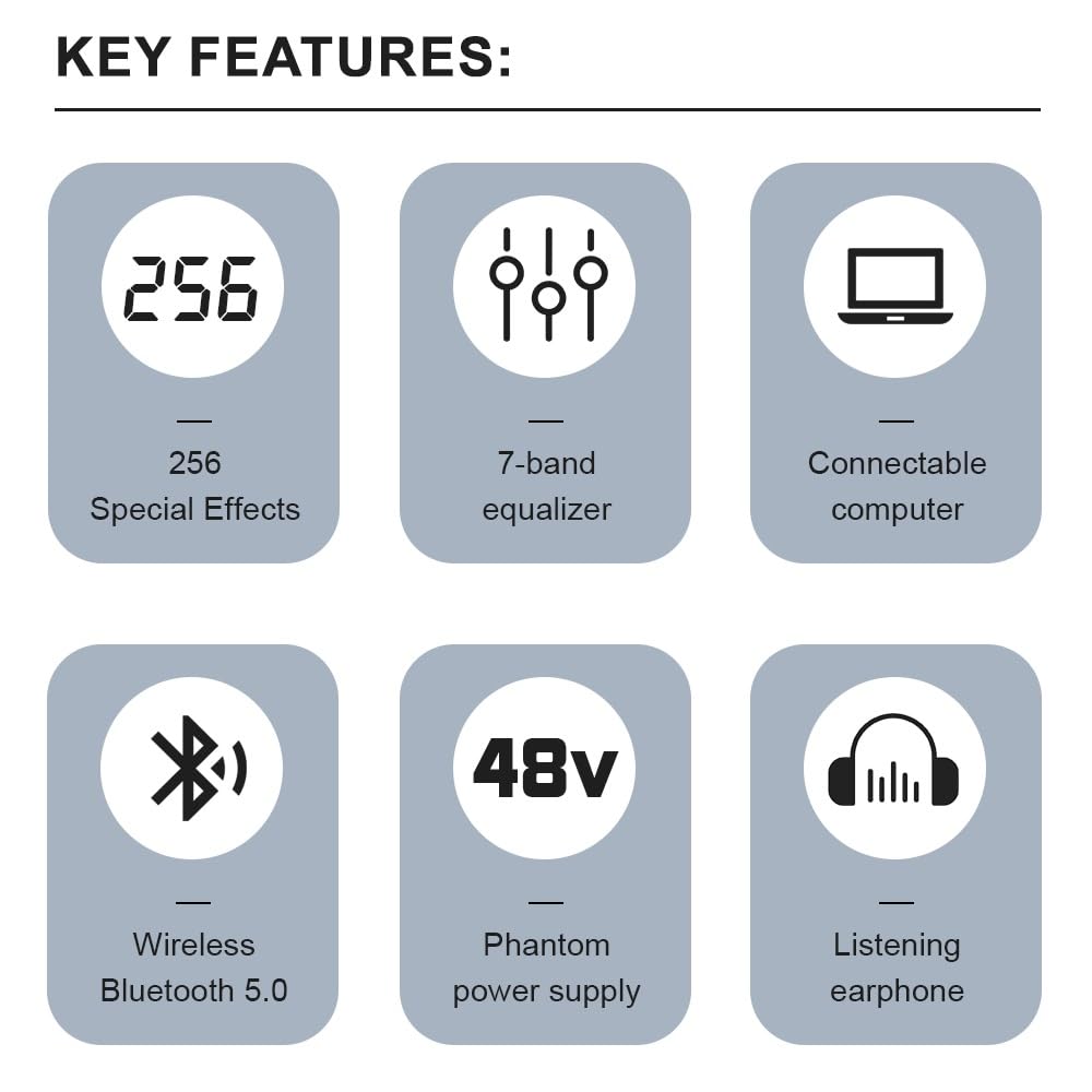 Mezclador de audio, Mezclador de efectos DSP de 6 canales, 256, grabación de PC, alimentación fantasma de 48V, mezcladores de sonido USB, Bluetooth Para karaoke, estudio, streaming y grabación