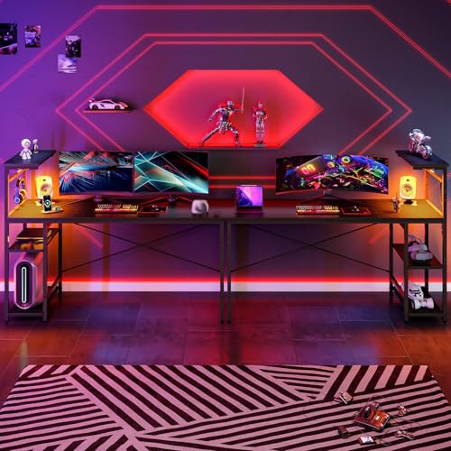 Image of Bestier 61 Inch Gaming Desk with LED Lights, Reversible Shelves, Height Adjustable Shelf, Steel Frame, CARB P2 Class Board, Black 3D Carbon Fiber