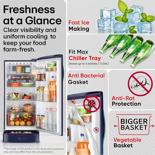 Image of LG 185 L, 5 Star, Smart Inverter, Direct Cool Single Door Refrigerator (GLD1956ZABI, Blue Ilan, Fit Max Chiller Tray, Base stand with Drawer & Runs on Home Inverter)
