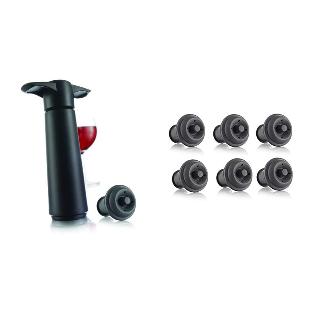 Vacu Vin Wine Saver - Black | 1 x Vacuum Pump + 1 x Vacuum Wine Stopper & 6 piece stopper, Grey