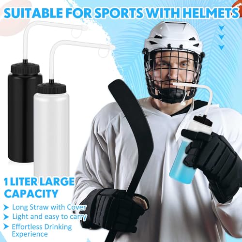 Domensi 4 Pack 1 Liter Sports Water Bottle W/Long Straw Hockey Lacrosse Water Bottle with Straw BPA Free Easy Squeeze Plastic Use W/Sport Helmet in Football Baseball Gym Yoga(Black, Translucent) - Thumbnail 2