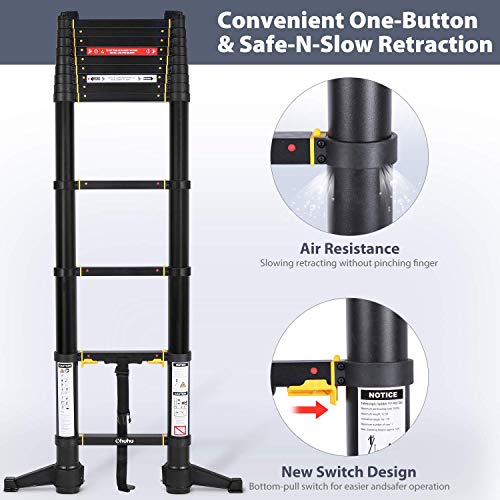Ohuhu 12.5 FT Premium Aluminum Telescoping Ladder, ONE-Button RETRACTION ANSI Certified Patented Design Extension Ladder, 2020 All New Heavy Duty Extendable Telescopic Ladder with 330 Pound Capacity