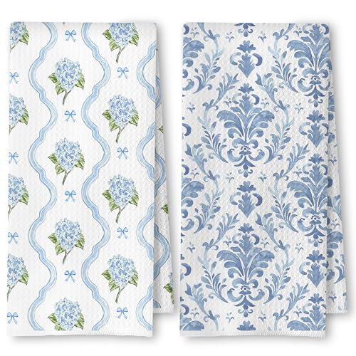 SkipTiger Coquette Bow Blue Hydrangea Kitchen Towels, Vintage Damask Floral Dish Tea Towels for Kitchen Decor, Blue and White Flower Decorative Hand Towel for Bathroom, 16x24 Inch Set of 2