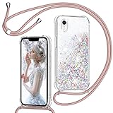 tuutpu cover glitter per iphone xr con cordino, custodia brillantini liquido con collana ultra sottile silicone trasparente antiurto protettivo case per cellulare cordoncino -oro rosa