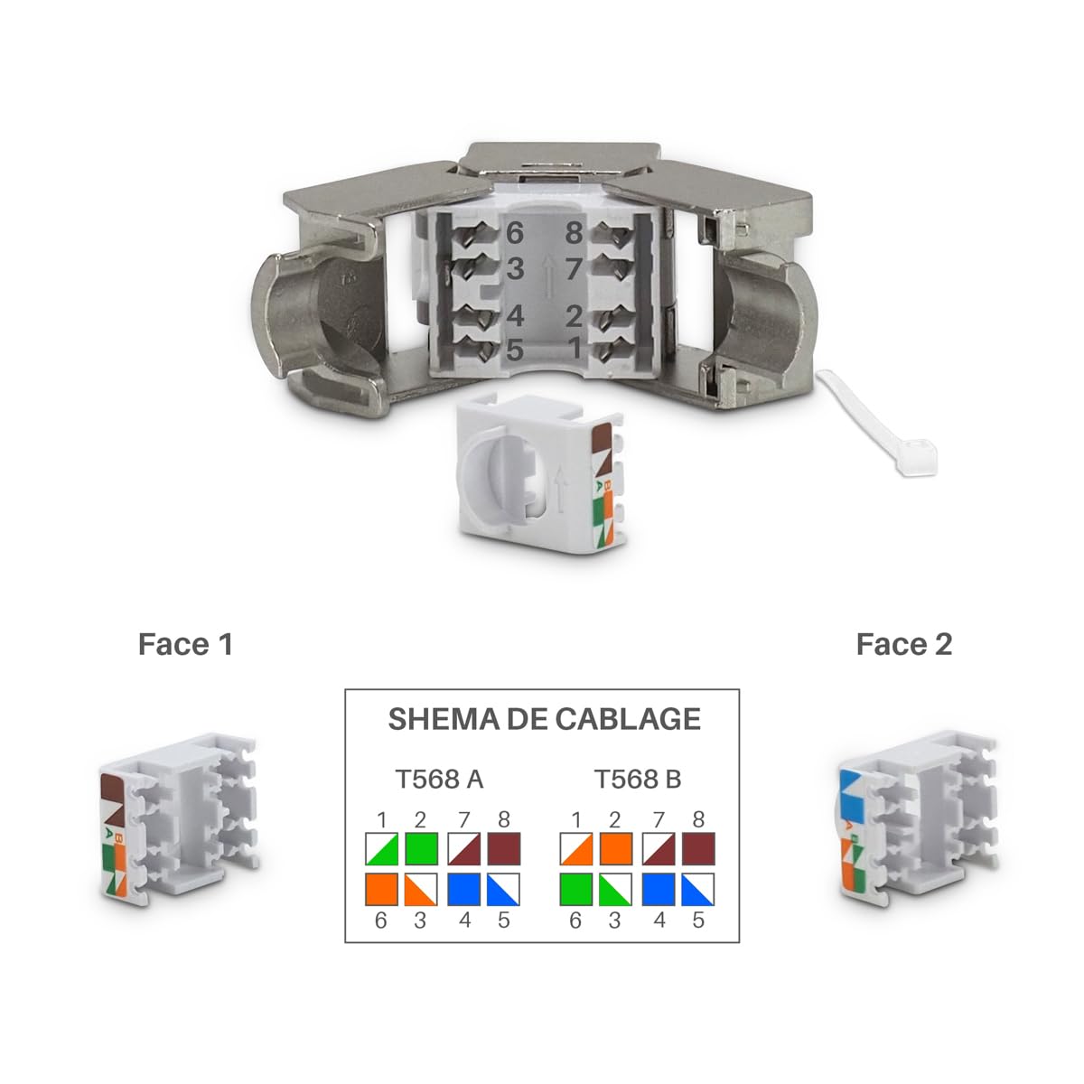 Waytex Lot de 8 Embases Keystone RJ45 Cat6a FTP sans outil – Connecteurs blindés métal zinc nickelé –10 Gbps 500MHz – Blindé FTP – Repérage T568 A/B AWG22 – 26 avec serre-câble