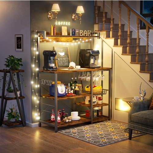 Topfurny Bakers Rack With Power Outlet, Microwave Stand, Kitchen Storage Shelf With Wire Basket, Coffee Bar Station With Wine Glass Holder, Kitchen Rack For Spices, Pots, And Pans, Rustic Brown #TOP5