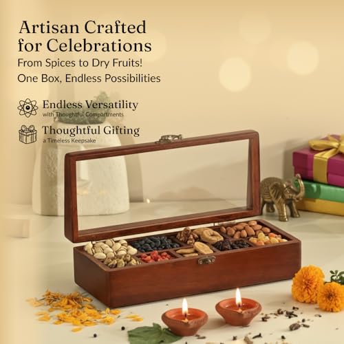 Image of Brick Brown Premium Handcrafted Wooden Prism Masala Box with Wooden Spoon | 9-Compartment Spice Box Organizer with Acrylic Lid | Masala Dani Namak Dani Dabba | Masala's Container Popula Dabba