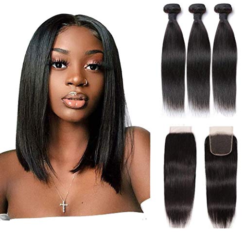 Brazilian Straight Virgin Hair 3 Bundles with Closure Straight Hair Bundles with Lace Closure Free Part 8A 100% Unprocessed Remy Human Hair Extensions Natural Black Color (14 16 18+12inch Closure)