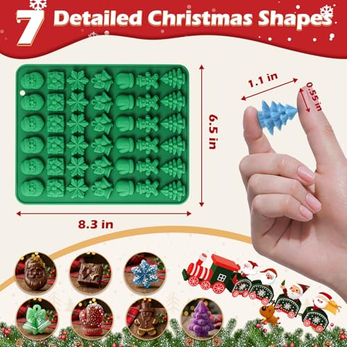 Image of HKNMTT Christmas Silicone Molds for Xmas Candy Chocolate Wax Decor, 84 Cavity 7 Shapes Gummy Mould, Including Santa Gift Box Snowflake Bell Glove Tree Gingerbread Food Grade Holiday Baking DIY Moulds