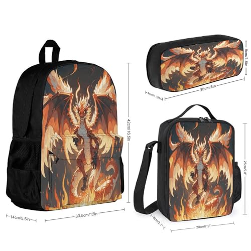 3-in-1 Backpack Combination Set Flaming Dragon Print 3Pcs Backpack Sets Travel Daypack with Lunch Bag And Cosmetic Bag2