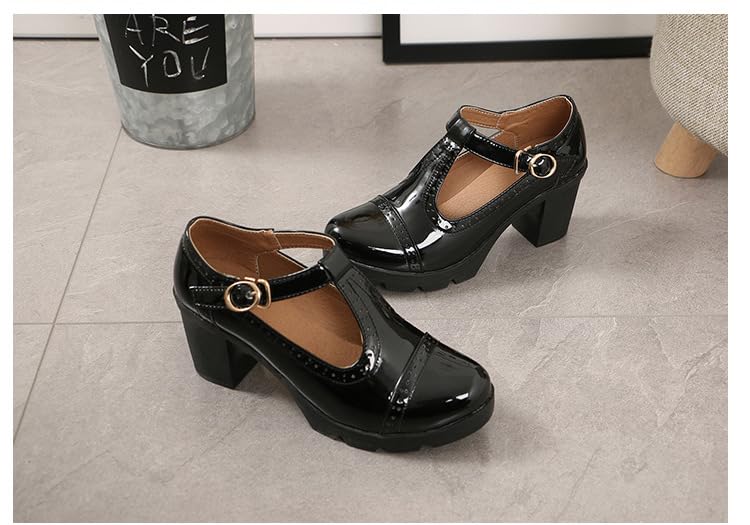 Women's Pumps Classic T-Strap Platform Shoes for Women, Ankle Strap Buckle Pumps Chunky Block Heels Oxfords Dress Pumps Shoes (Black,11)4