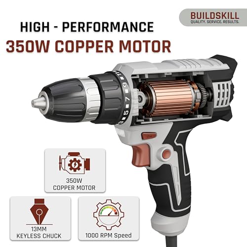 Image of BUILDSKILL 350W Electric Screwdriver |Vairable Speed | 0-1000RPM Copper Motor | Forward-Reverse | LED Light | 10MM Quick Release Chuck | 23NM Max Torque | 20+1 Adjustments | 1.8M Cable | TPR Soft Grip