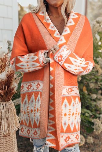 Women's Stylish Orange Aztec Print Open Front Knitted Cardigan2