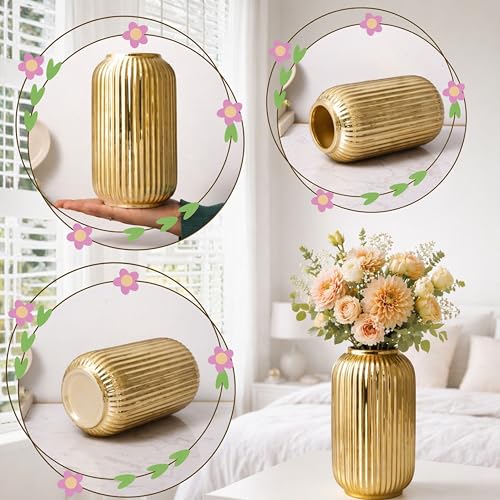 Image of Art Street Modern Ribbed Ceramic Flower Vase | Matte Golden Decorative Boho Vase for Living Room, Bedroom & Office Dcor - (Flower not Included) 5x9 Inch