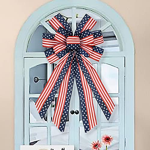 Large Patriotic Bow Wreath 4th of July Decor American Flag Bow for Indoor Outdoor Red with Blue Stars Bunting Holiday Memorial Day Decorations Independence Day Party Backdrops (1, 15.7x47'' Blue)