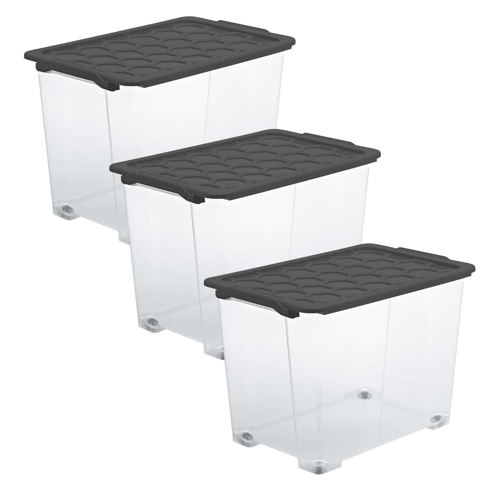 Rotho Evo Safe 3er-Set Aufbewahrungsbox mit Deckel 65 L Rollen Anthrazit