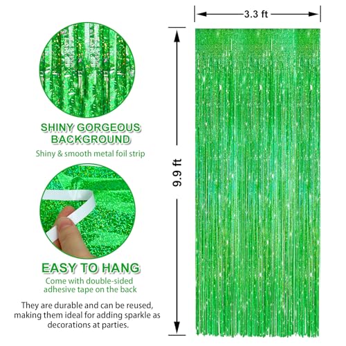 Image of Crosize 5 Pack 3.3 x 9.9 ft Laser Green Foil Fringe Curtains Party Decorations, Laser Green Tinsel Curtain Backdrop for Parties, Door Streamers, Glitter Streamer Backdrop for Birthday Decoration