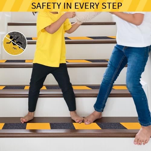 Image of Black & Yellow Anti-Slip Stair Treads Tape, 2 inch x35FT Heavy Duty Non-Skid Grip Tape for Indoor /Outdoor Steps, Bathroom & Pool - PVC Waterproof Safety Traction Tape