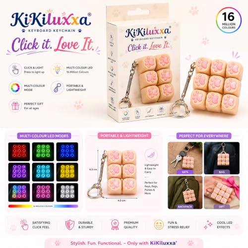 Image of KiKiluxxa Keychain with LED Light, Clicky Fidget Keychain, 9 Button Stress Relief Toy, Portable Keyring for Office, Travel & Everyday Carry -Plus Pink