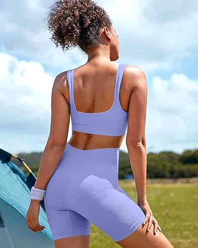 image for Jetjoy Ribbed Workout Shorts Set Crop Rib Tank and High-Waist Leggings