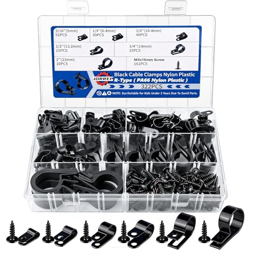 JORREP 322PCS Black Cable Clips R-Type Nylon Wire Clips Assortment Kit 6 Sizes...