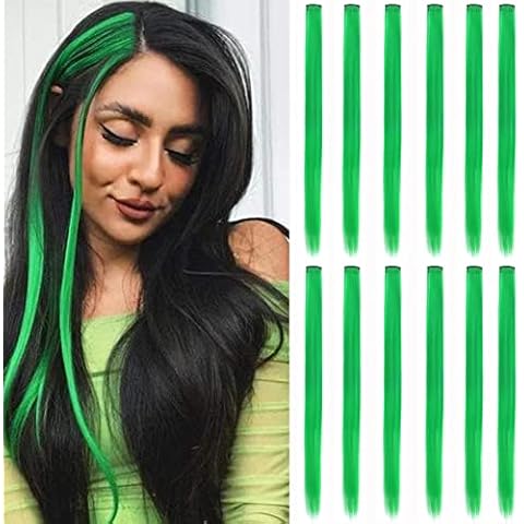 12 Pcs Colored Hair Extensions, Multi-colors Party Highlights Clip in Synthetic Hair Extensions 20 inch (12 Pcs Green) Cover