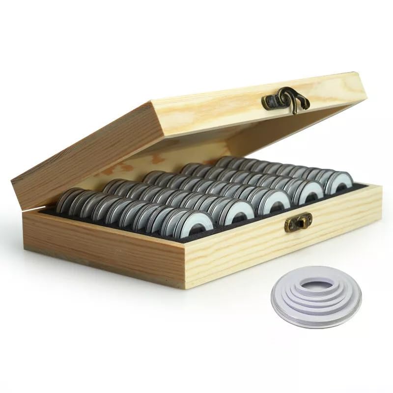 KOZOREN 50Pcs Coin Capsules Wood Storage Box Display Collectiion for 18/21/25/27/30mm Coins