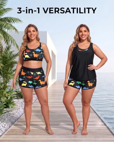 Image of Holipick Women Plus Size Swimsuits - Athletic 3 Piece Tankini with Shorts