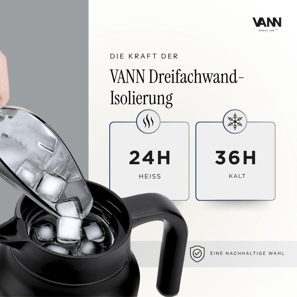 VANN Thermoskanne 1,5l - 3-fach Isolierkanne [24h warm, 36h kalt] | Thermoskanne aus zertifiziertem Edelstahl [BPA-frei] - Ideal als Teekanne oder Kaffeekanne - Auslaufsicher - Schwarz
